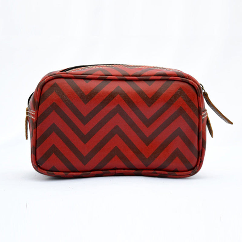 Red toiletry bag, chevron print, laminated bag, make up or cosmetic handbag, utility pouch