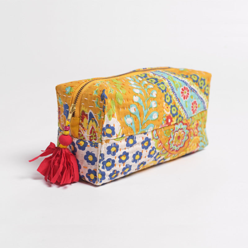 Yellow toiletry bag, kantha pouch, make up or cosmetic handbag, utility pouch