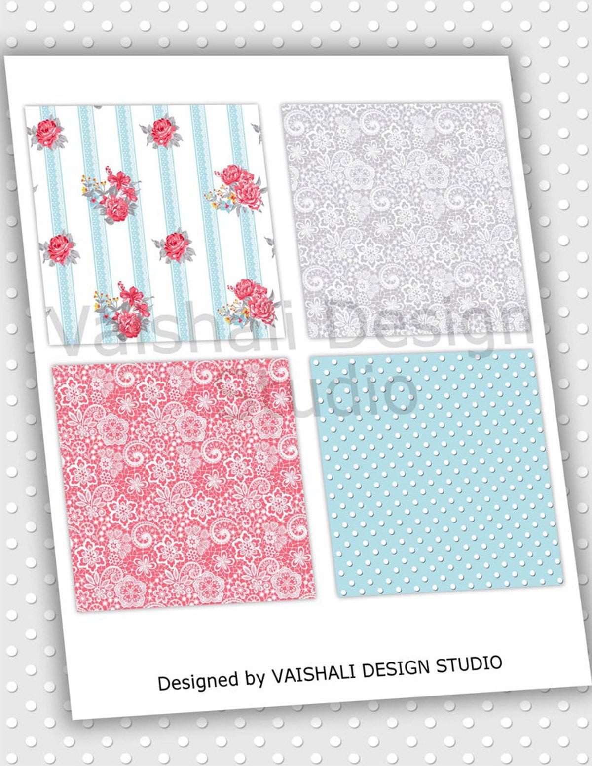 Shabby chic coasters - roses, dots, crochet pattern, printable coasters, set of 4 designs, 3.8"X3.8"
