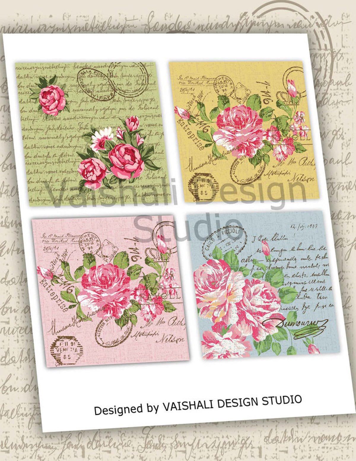 Shabby chic, vintage rose print, french ephemera, printable coasters, set of 4 designs, 3.8"X3.8"
