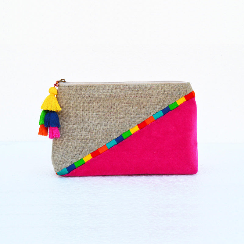 Fuschia Boho pouch, colour block, linen velvet bag, clutch bag, embroidered