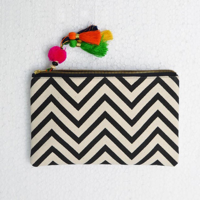 Black and white, geometric pattern, chevron print, make up or cosmetic handbag, utility pouch