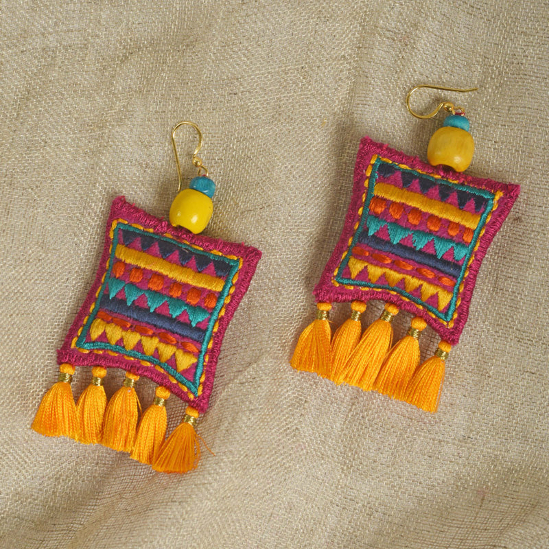 Square earring, yellow tassel, multicolour, Boho jewelry, threader earrings, tribal earrings