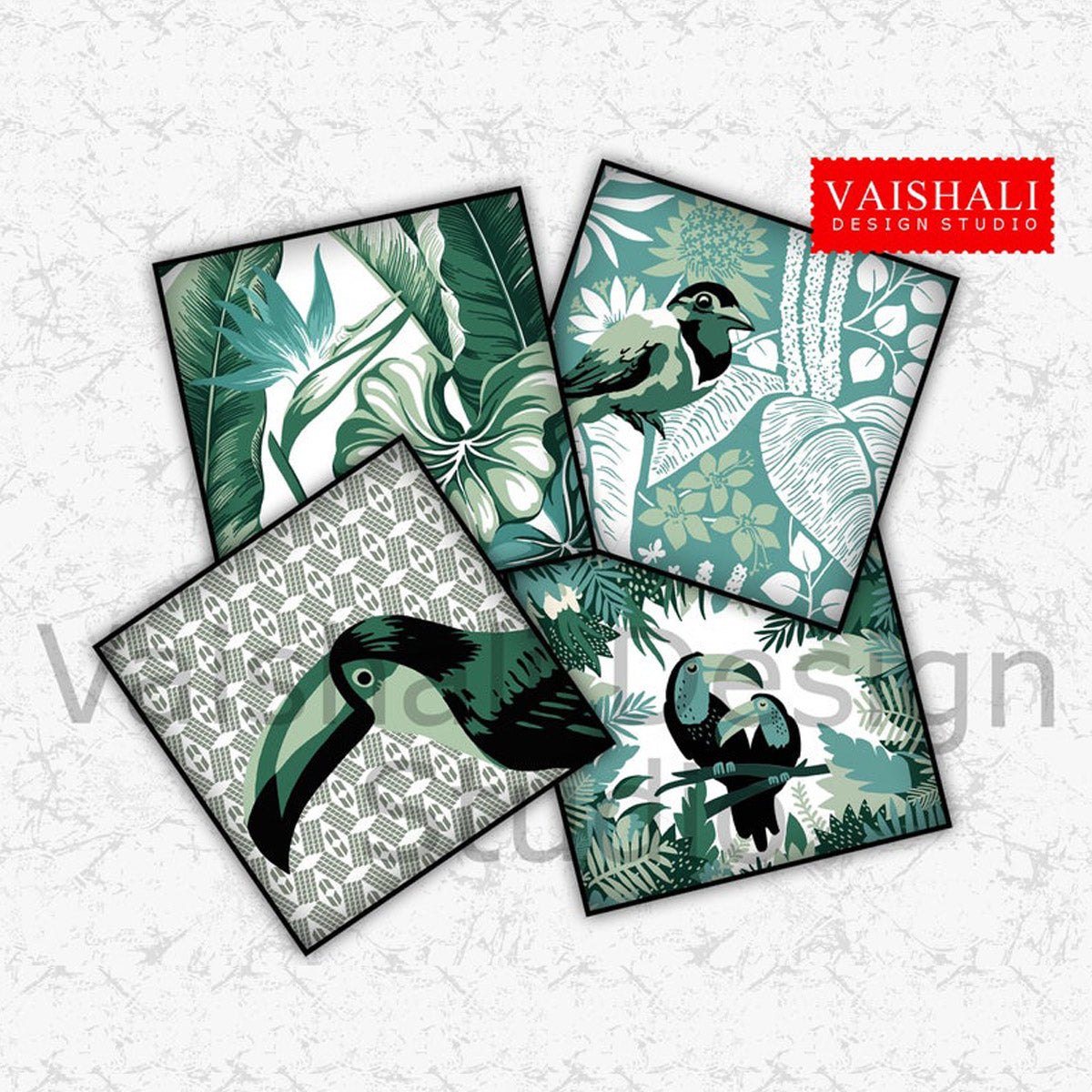 Tropical paradise, bird & leaves, printable coasters, set of 4 designs, 3.8"X3.8"