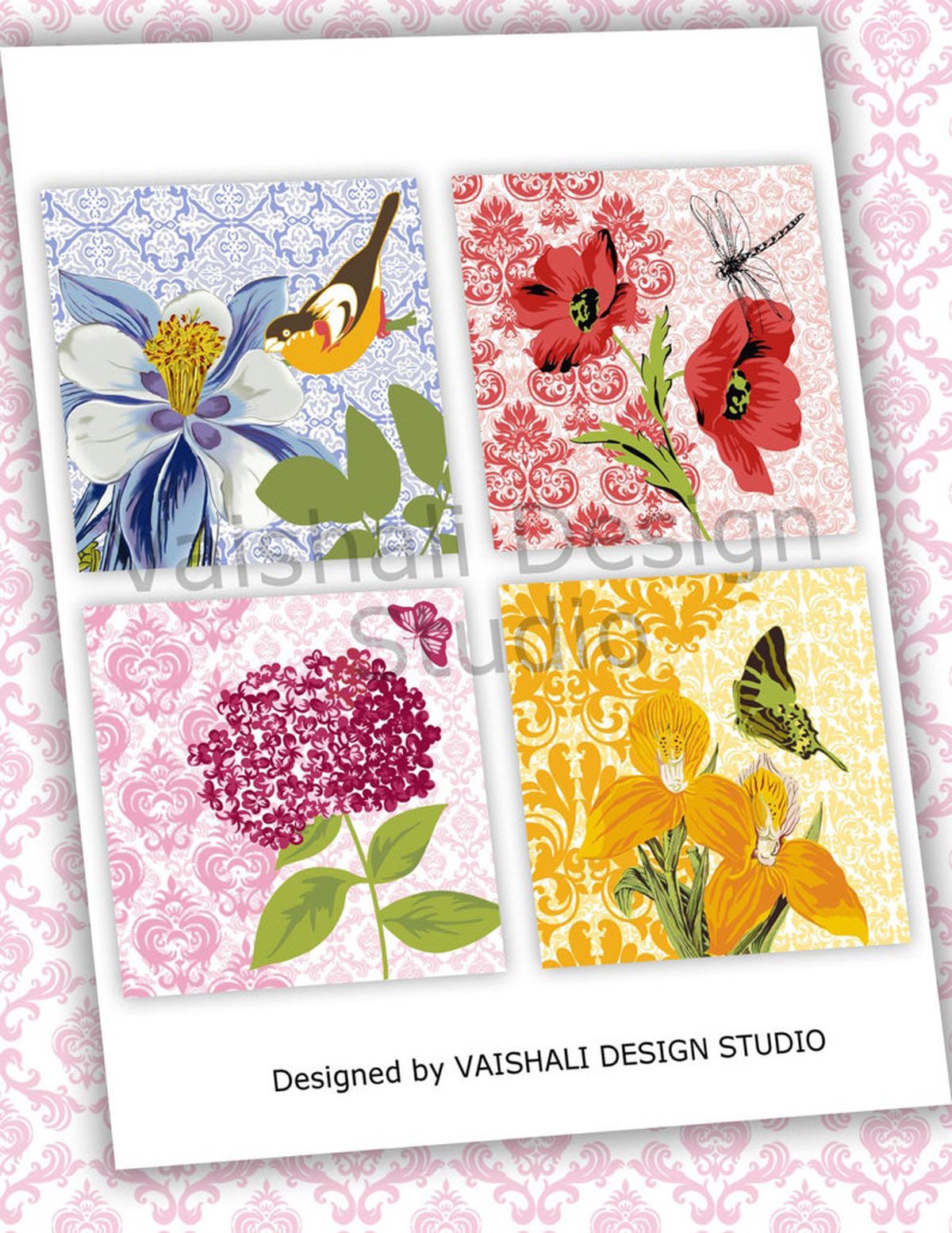 Floral coaster, tuscan garden, printable coasters, set of 4 designs, 3.8"X3.8"