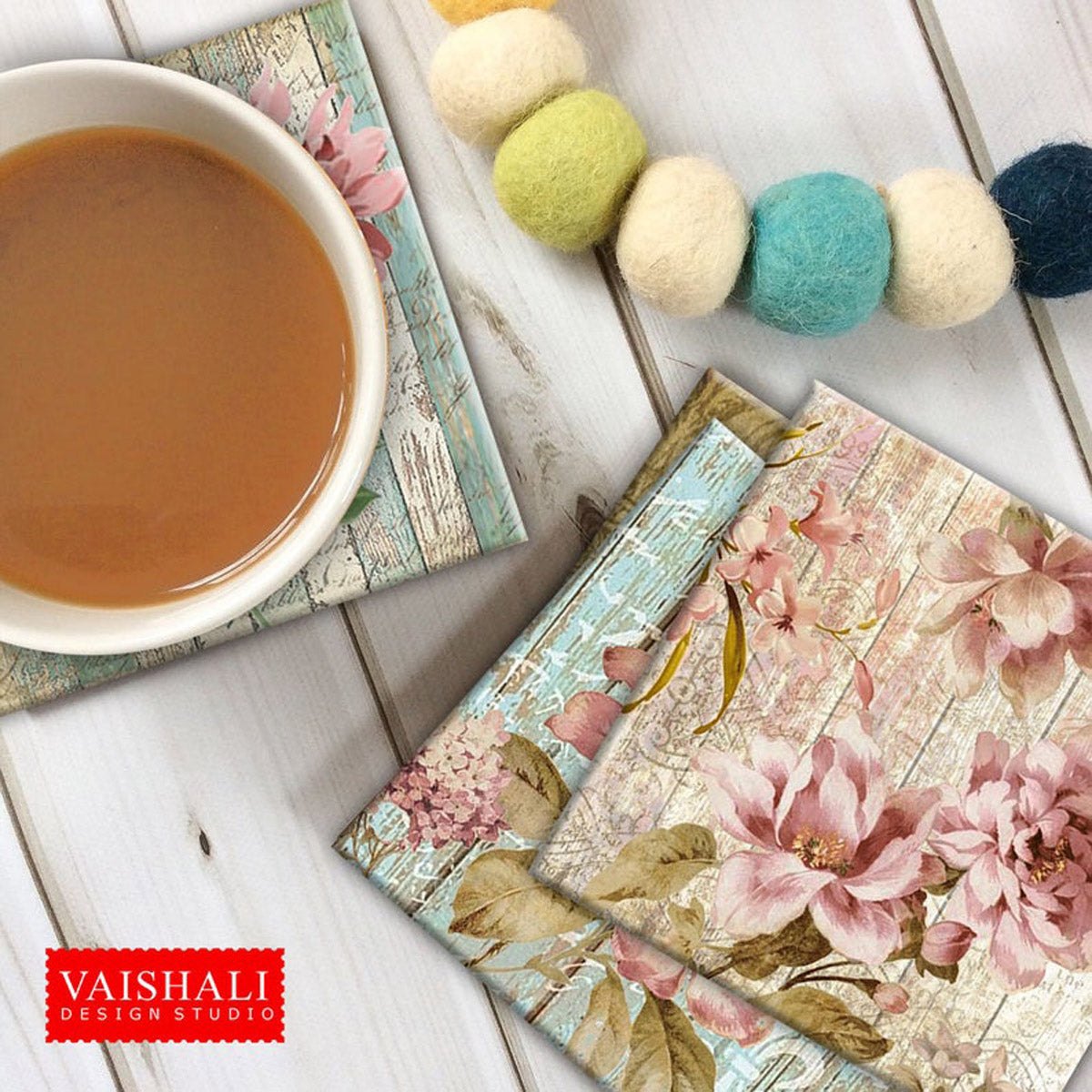 Vintage floral with wooden plank texture & script, printable coasters, set of 4 designs, 3.8"X3.8"