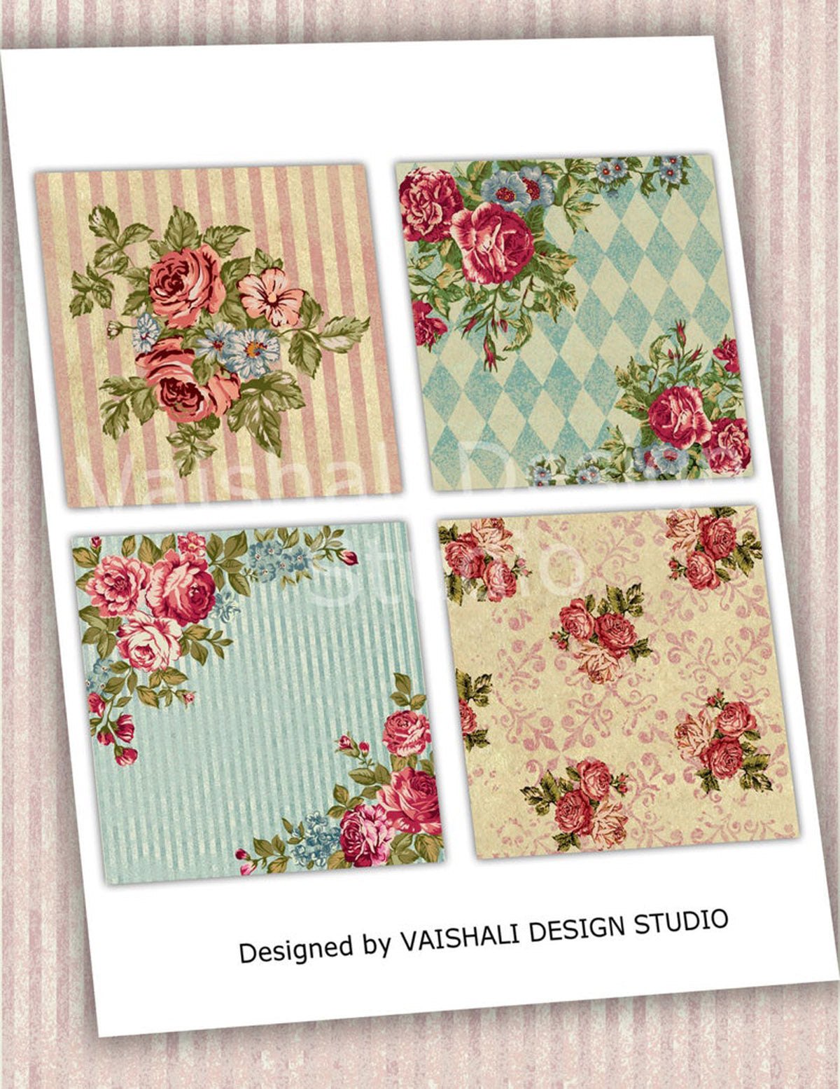 French vintage, shabby chic florals, printable coasters, set of 4 designs, 3.8"X3.8"