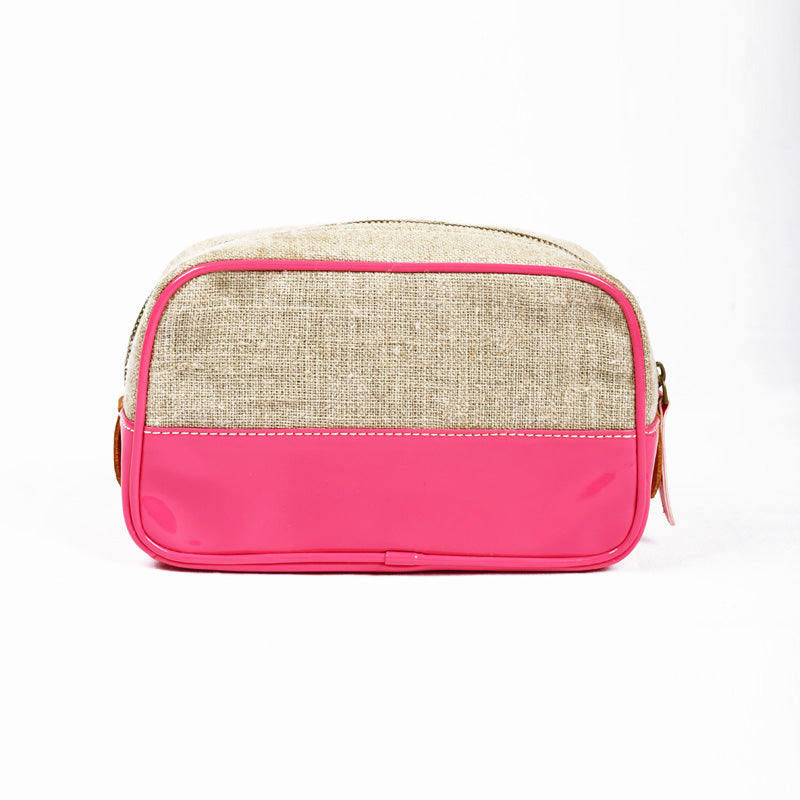 Linen and bright pink faux leather toiletry bag, cosmetic pouch.