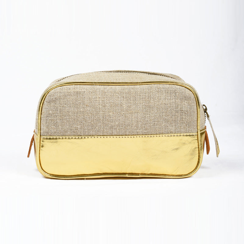 Toiletry bag, makeup bag, gold, faux leather, linen, make up handbag, cosmetic bag