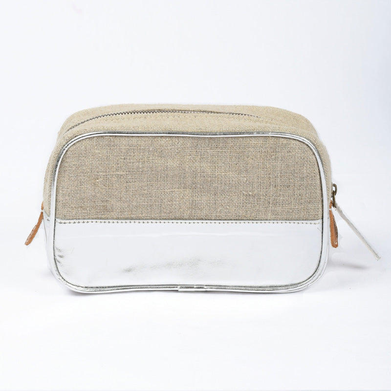 Toiletry bag, makeup bag, silver, faux leather, linen, make up bag, cosmetic handbag