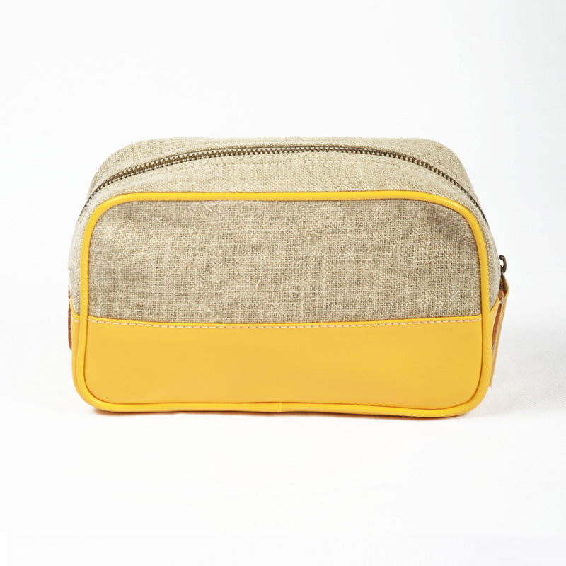 Toiletry bag, makeup handbag, yellow, linen, faux leather, cosmetic bag