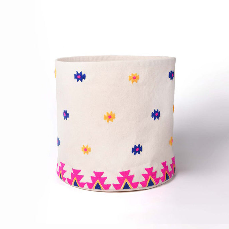 Storage basket, embroidered, bright pink acrylic wool on canvas fabric, laundry hamper, fabric bucket, sizes available