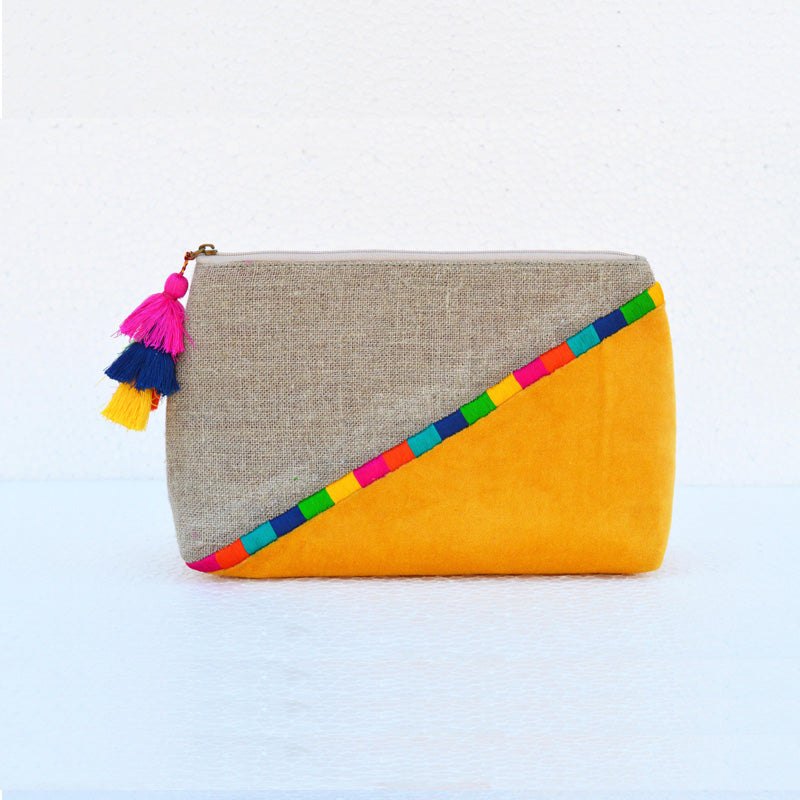 Yellow Boho pouch, colour block, linen velvet handbag, clutch bag,