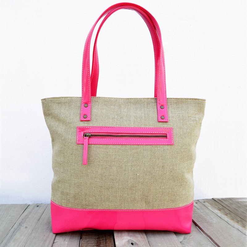 Tote bag, natural linen with hot pink faux leather, classic everyday bag