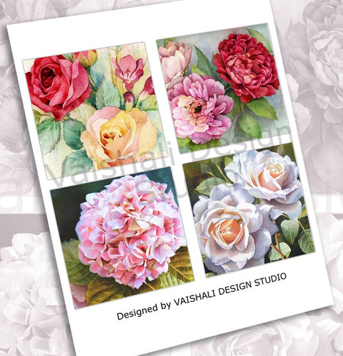 Watercolor floral, printable coasters, set of 4 designs, 3.8" x 3.8"
