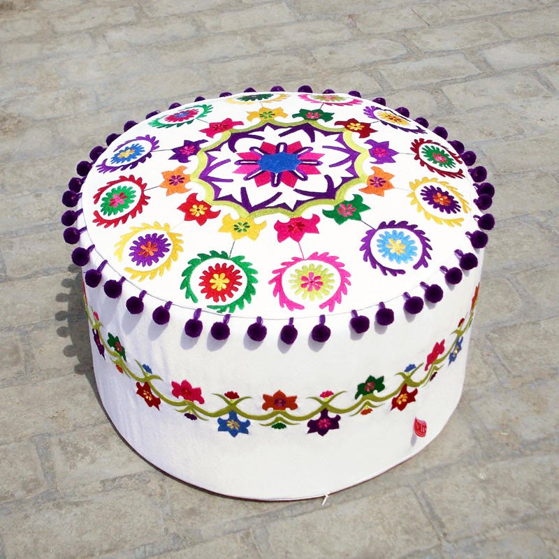 Suzani pattern off White pouf cover