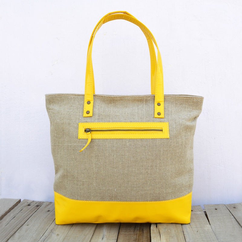 Tote bag, natural linen with yellow faux leather, classic everyday bag