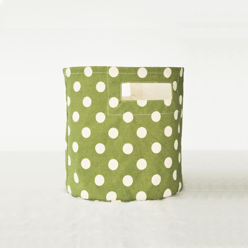 Canvas basket, polka dot print, green and off white, storage basket