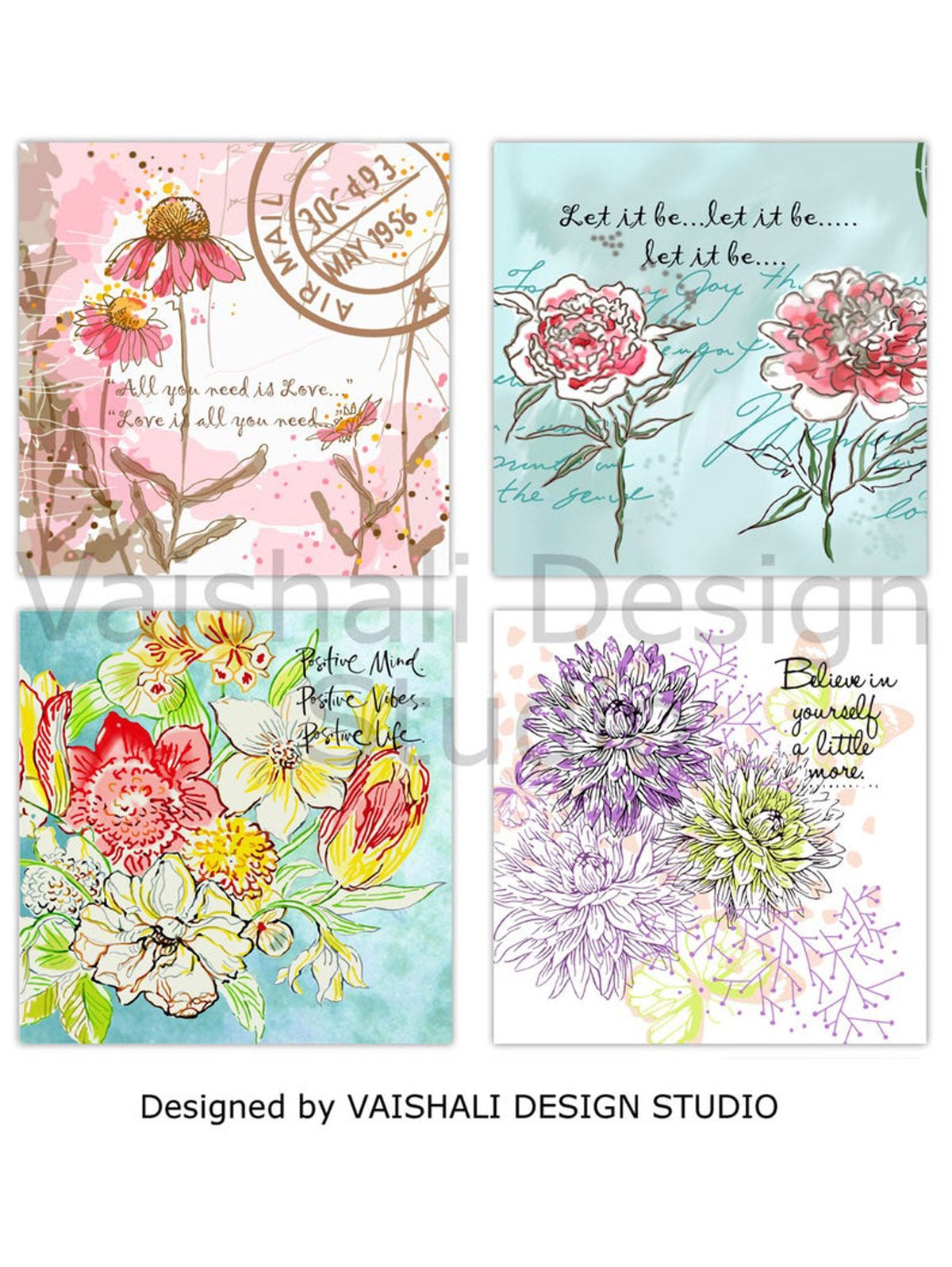 Floral coasters with quotes, printable coasters, set of 4 designs, 3.8" x 3.8"