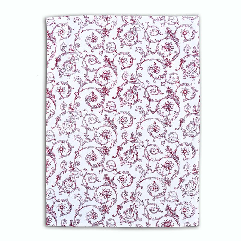 Kitchen towel, red swirl print on white, victorian pattern, 100% cotton, size 20"X28"