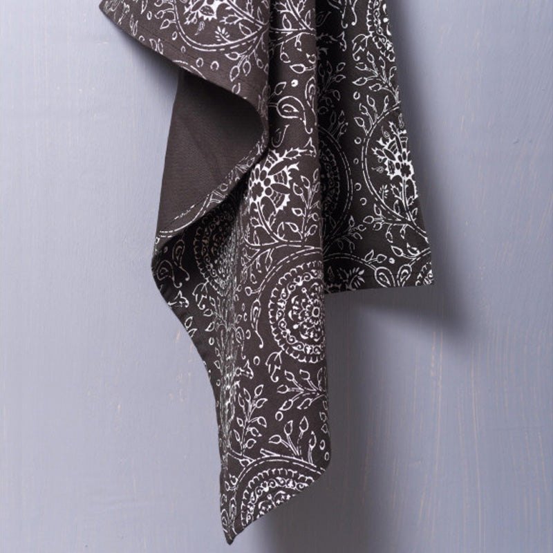 Dark brown Kitchen Towel, floral print, kalamkari, Indian ethnic, printed Tea Towel, 100% cotton, size 20"X28"