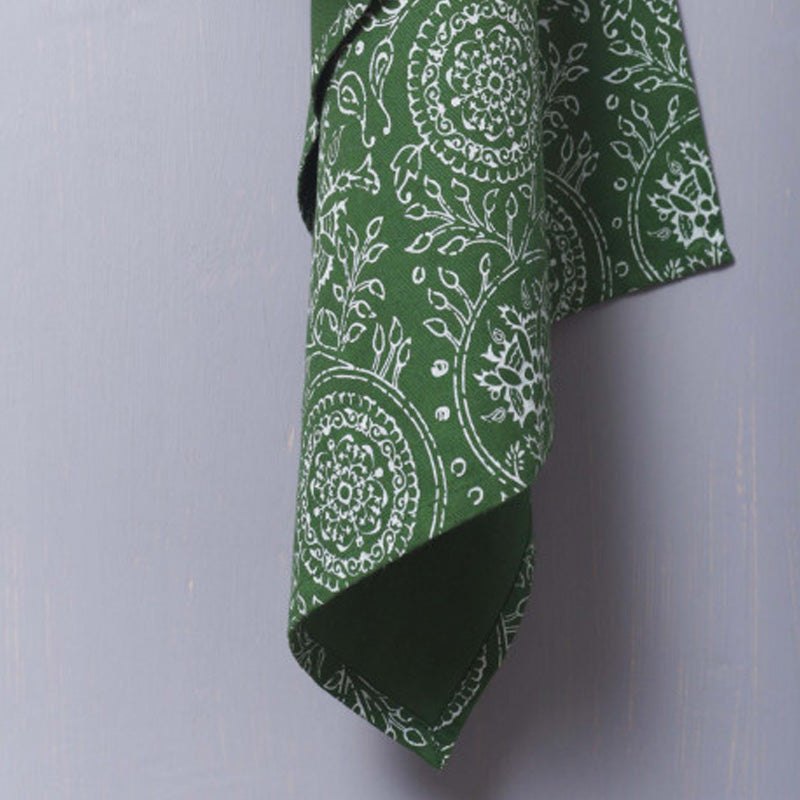 Green Kitchen Towel, floral print, kalamkari, Indian ethnic, printed Tea Towel, 100% cotton, size 20"X28"