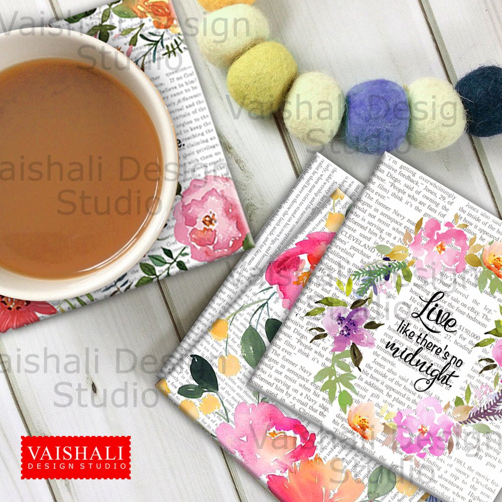 Watercolour florals with quotes, printable coasters, set of 4 designs, 3.8"X3.8"