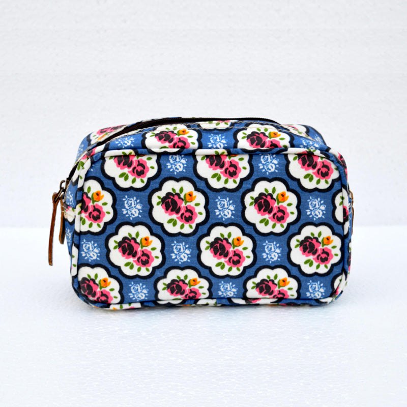 Blue toiletry handbag, rose print, shabby chic, laminated bag, make up or cosmetic bag, utility pouch.