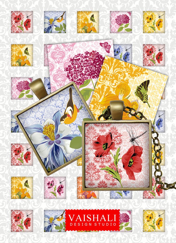Tuscan florals, square pendants, digital downloads, 1X1 inch