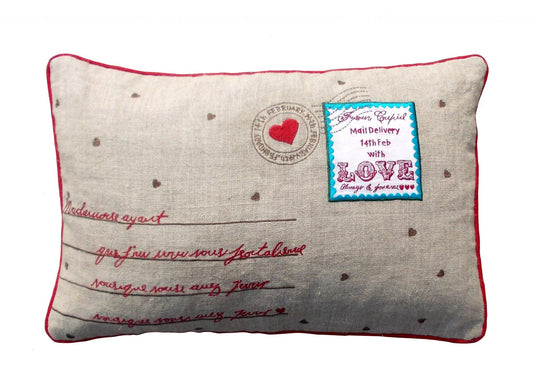 Valentine pillow cover, linen with red and turquoise combination, vintage postcard style