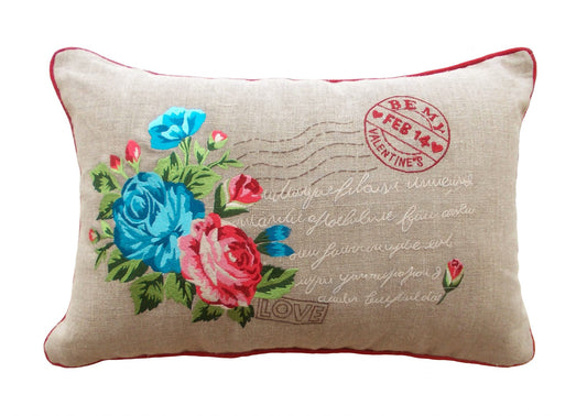 Valentine pillow cover, rose bunch, linen with coral and turquoise combination, postcard style