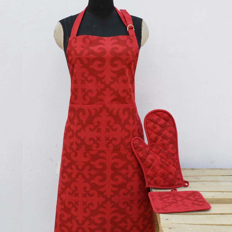 Christmas apron, moroccan print, red color, 100% cotton, kitchen accessory, size 27"X 35"