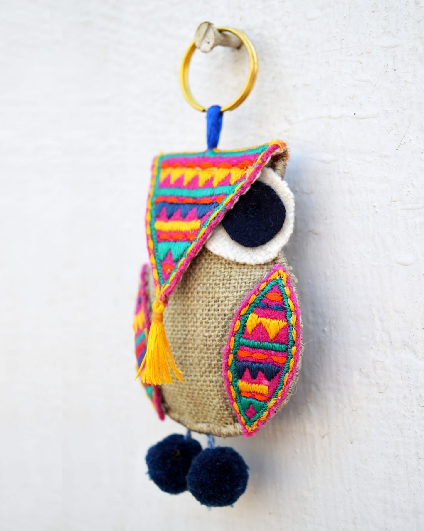 Multicolor Owl key ring, tassel, handmade, boho bag charm, bohemian, moroccan size 5" or 13 cms