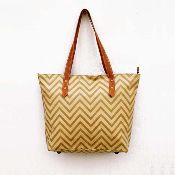Beige Tote bag, laminated cotton, chevron print, sheen finish, leather trims, zip closure, everyday bag.