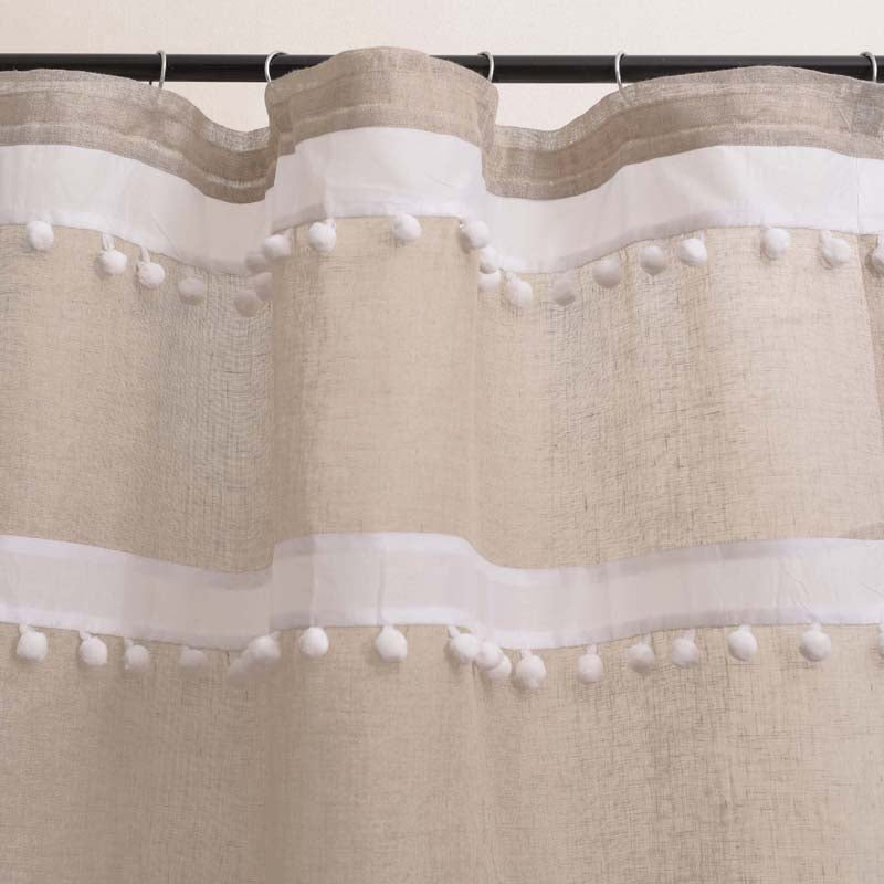 Linen curtain Panel, natural and white, Sheer Drape, striped, pompom lace, sizes available