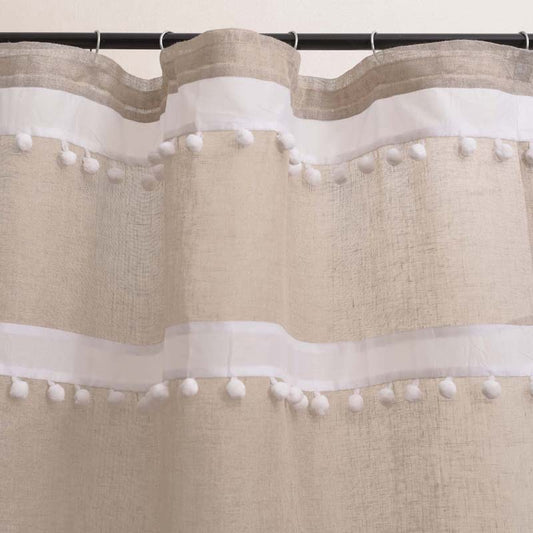 Linen curtain Panel, natural and white, Sheer Drape, striped, pompom lace, sizes available