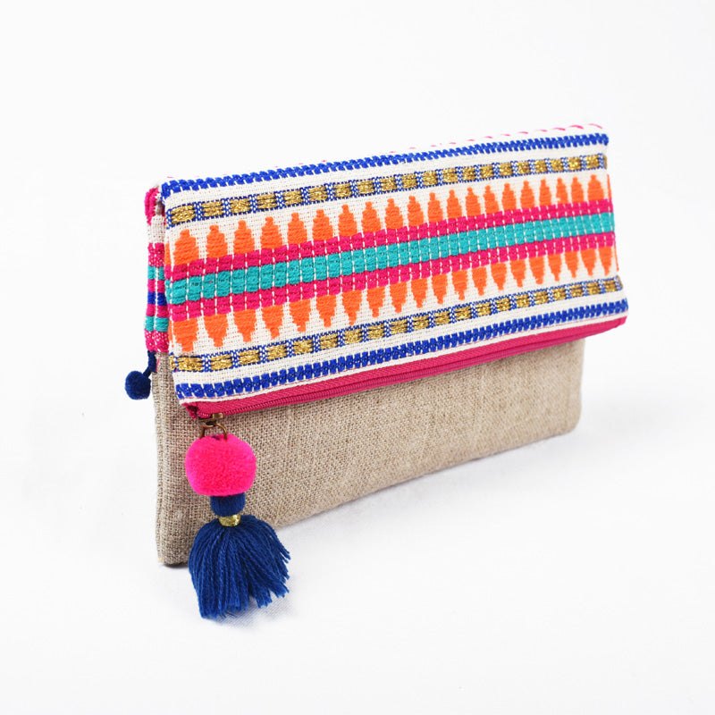 Boho linen foldover clutch, Moroccan multicolored acrylic