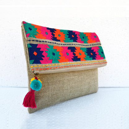 Boho pouch, linen bag, kilim pattern, moroccan, foldover embroidered clutch
