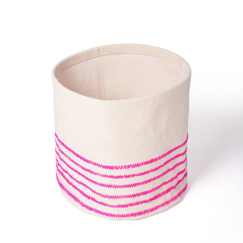 Storage basket, embroidered, bright pink acrylic wool on canvas fabric, laundry hamper, fabric bucket, sizes available