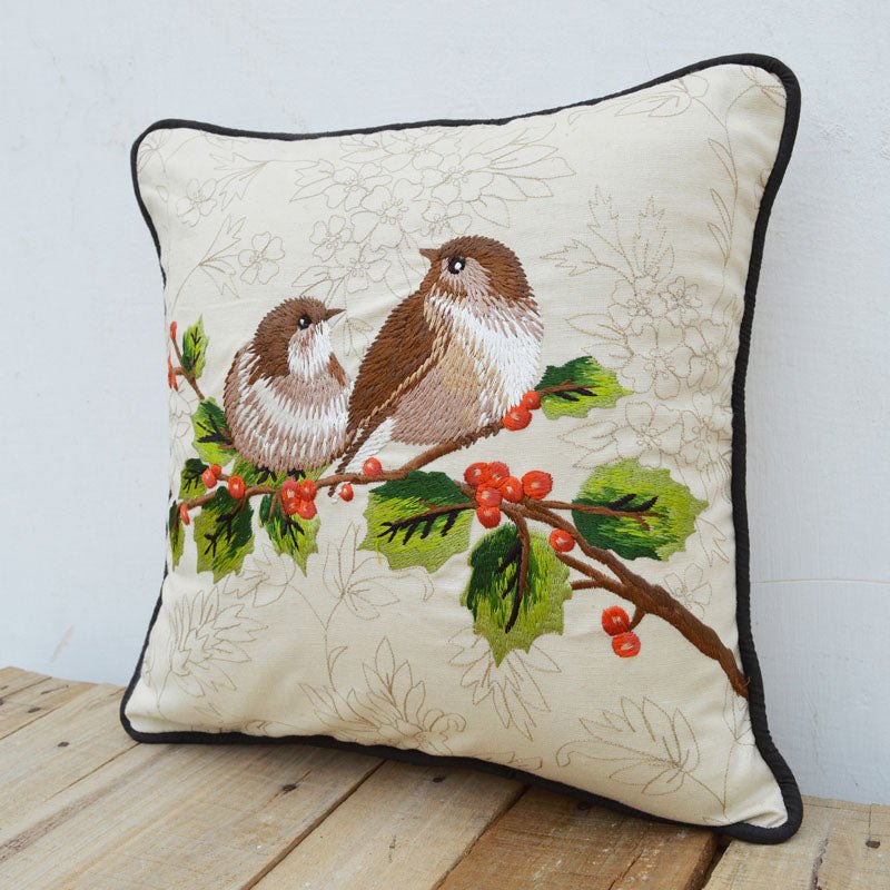 Love Birds pillow cover, embroidered cotton cushion cover, cotton throw pillow