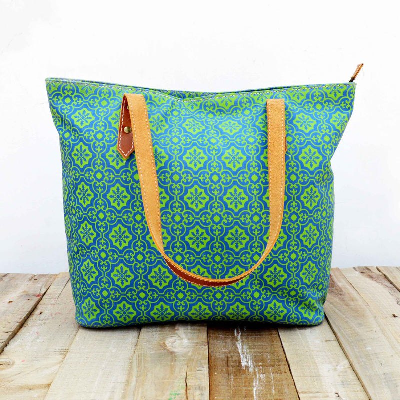 Tote bag, Turquoise laminated cotton large shopping bag