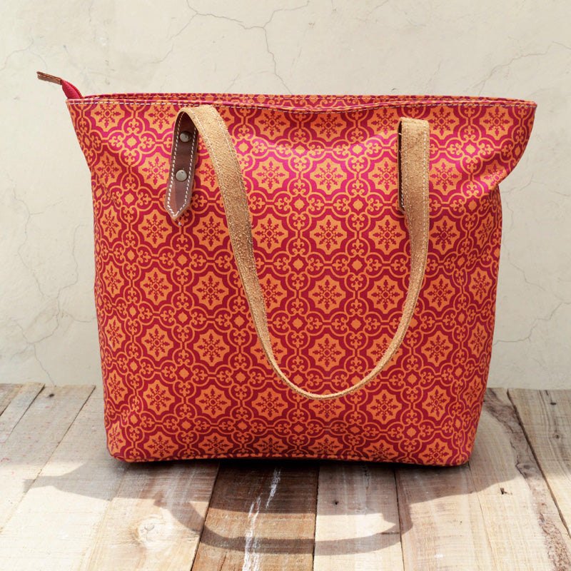 Tote bag, laminated cotton, Orange and pink bag, retro print, leather trims