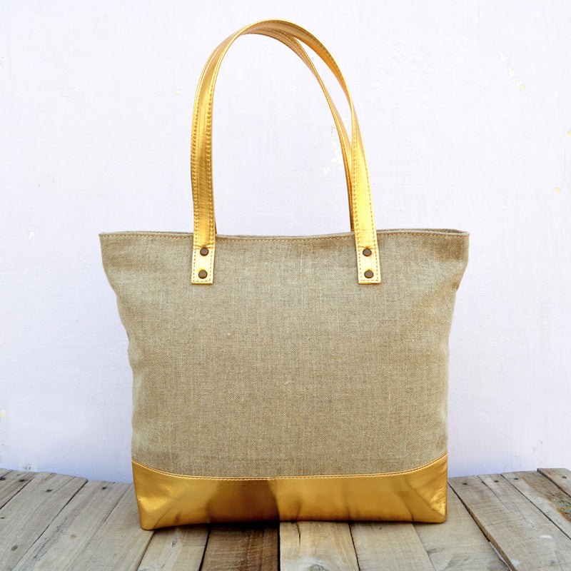 Tote bag, natural linen with gold faux leather, classic everyday bag.