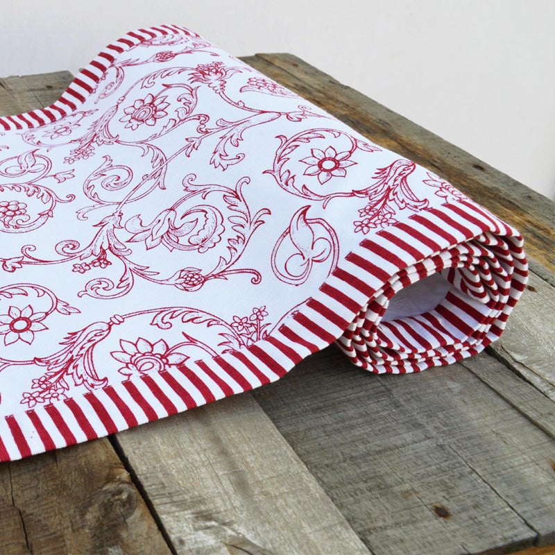 Red runner, swirl print, red stripe border, cotton table runner