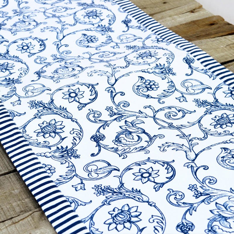 Blue runner, swirl print, blue stripe border, cotton table runner, victorian pattern, sizes available