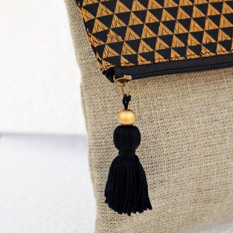 Boho linen and brocade foldover clutch, linen, black and gold colour