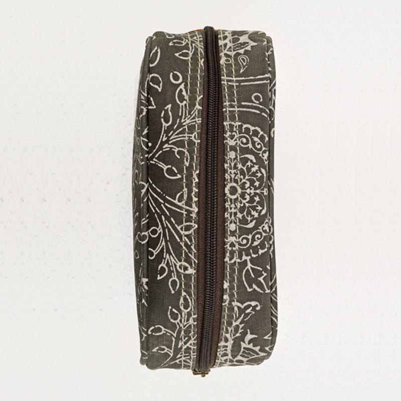 Grey toiletry bag, floral print, kalamkari print, laminated handbag, make up or cosmetic bag, utility pouch