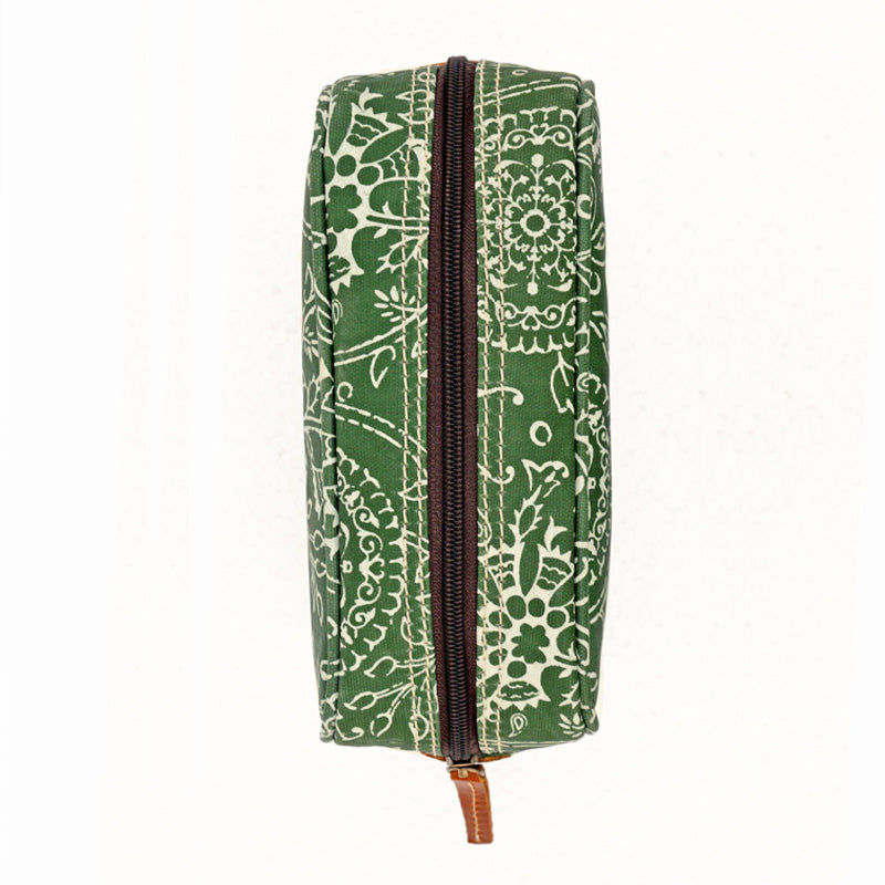 Green toiletry handbag, floral print, kalamkari print, make up or cosmetic bag, utility pouch