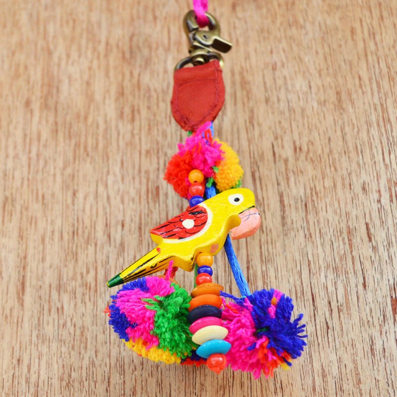 Multicolor tassel, parrot and pompom, handmade, boho bag charm, tribal, bohemian, moroccan size 5" or 12.5 cms