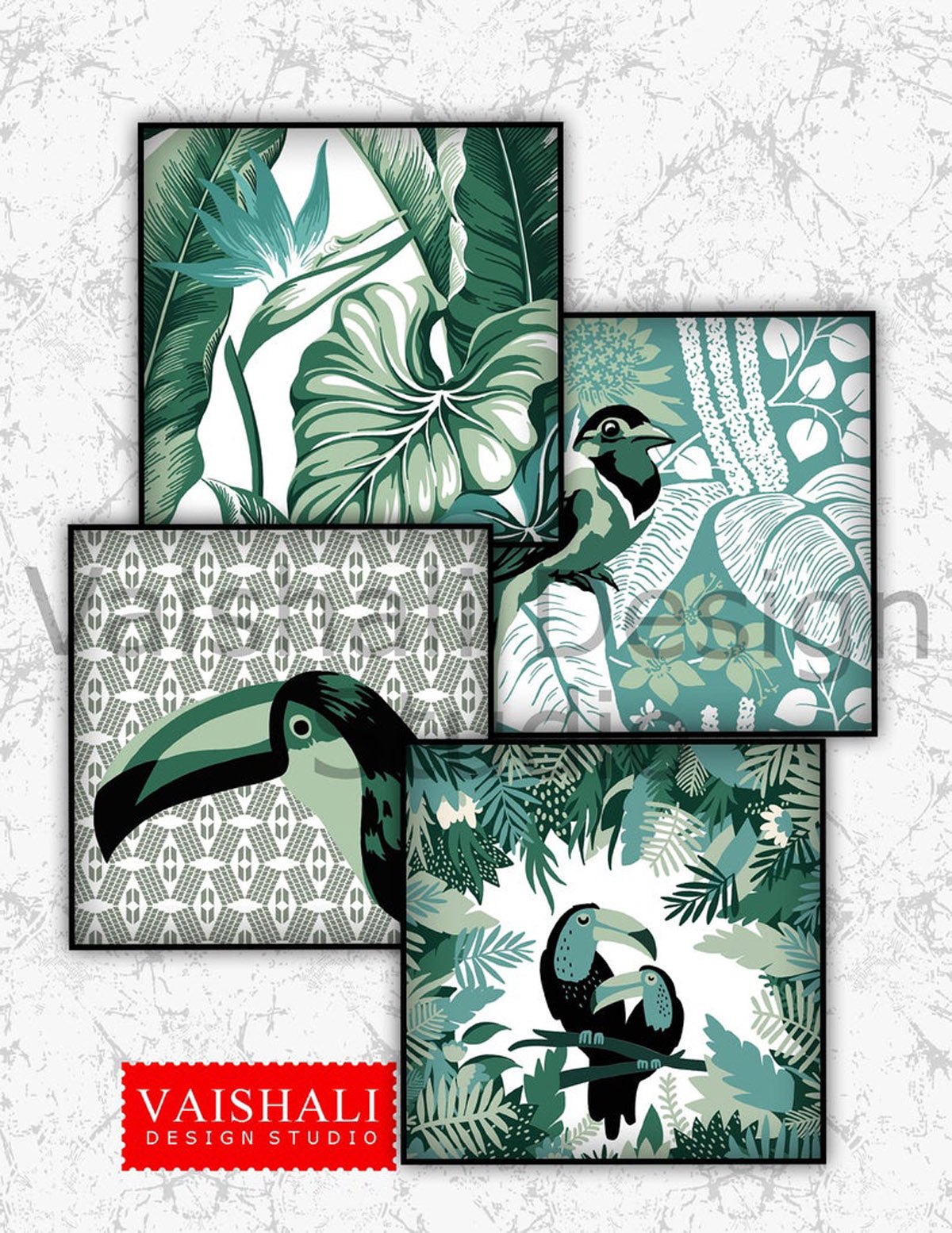 Tropical paradise, bird & leaves, printable coasters, set of 4 designs, 3.8"X3.8"